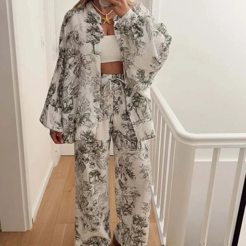 Elegant Women Commute Outfut Retro Pattern Printed Shirt Tops+Elastic Pants Suit Fashion Single Breasted Long Sleeve 2 Piece Set