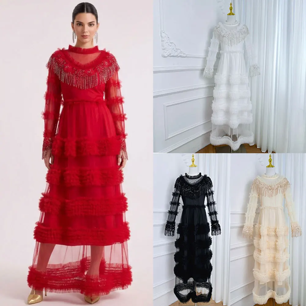 

Long Cake Prom Dress Women's Elegant Long Sleeve Luxury Beading Tassel Mesh Embroidery Edible Tree Fungus Wedding Vestidos