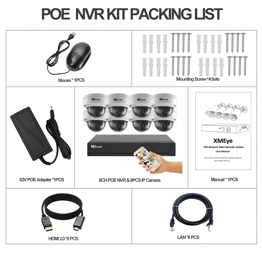 Wistino 4k sistema de cámaras de seguridad interior 8MP Poe cámara Ip detección de movimiento Audio visión nocturna cámara a prueba de vandalismo Kit Nvr