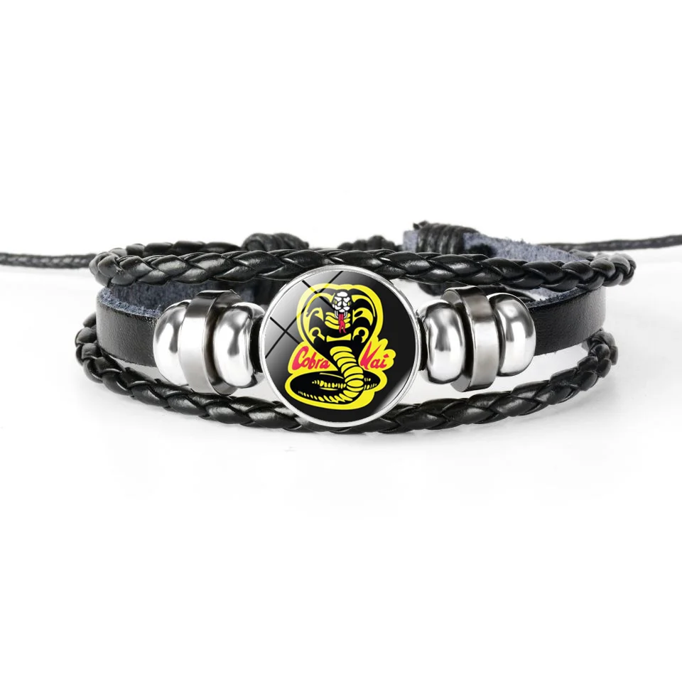 Animation Cobra Kai Leather Bracelet Karate Movie Glass Snap Buckle Jewelry Multilayer Retro Handwoven Bracelet Men Cosplay Gift