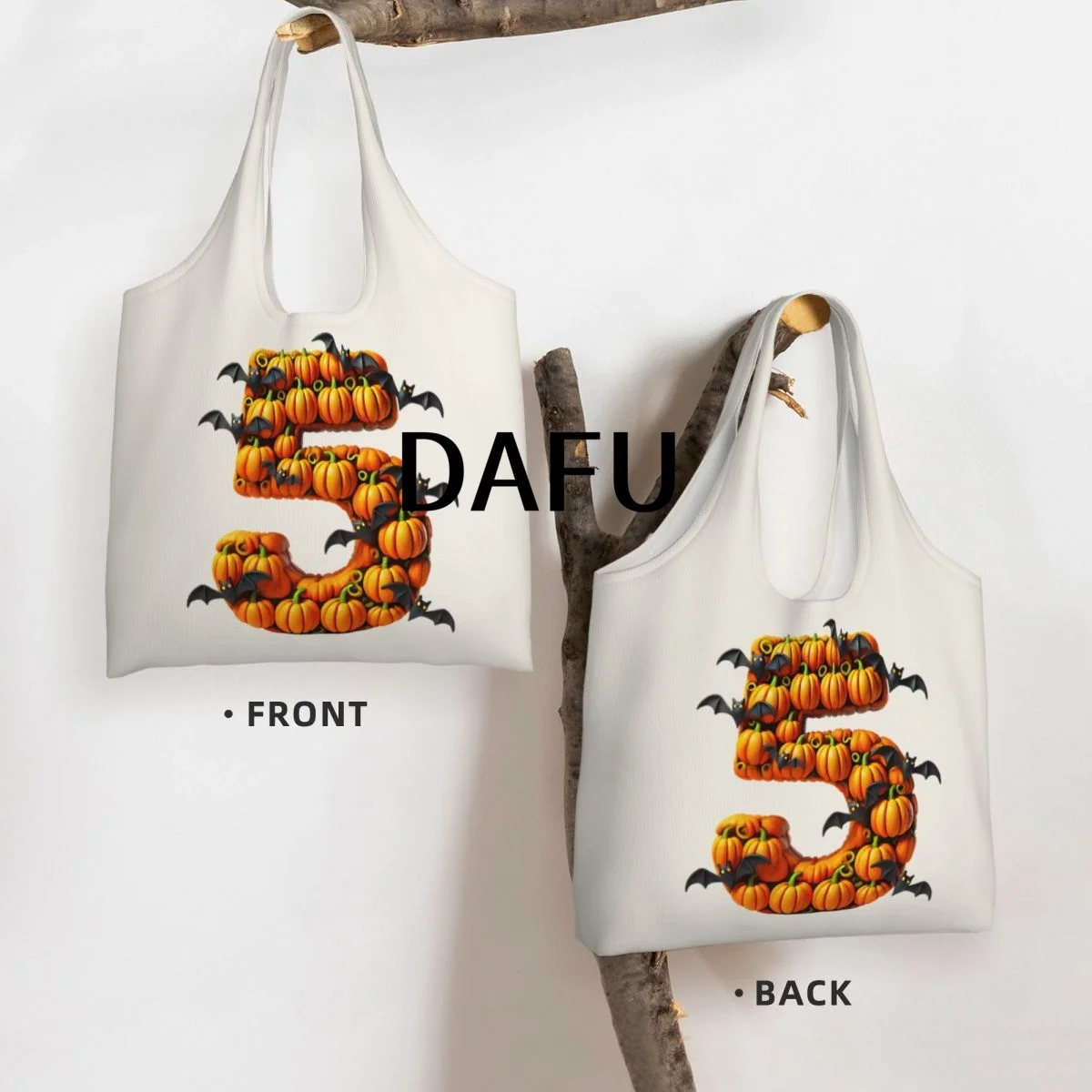 Batty Pumpkin Number 5 Funny Halloween Bat Pumpkin Tote Bag for Women - Gothic Canvas Shoulder Bag Shopping Commute Party