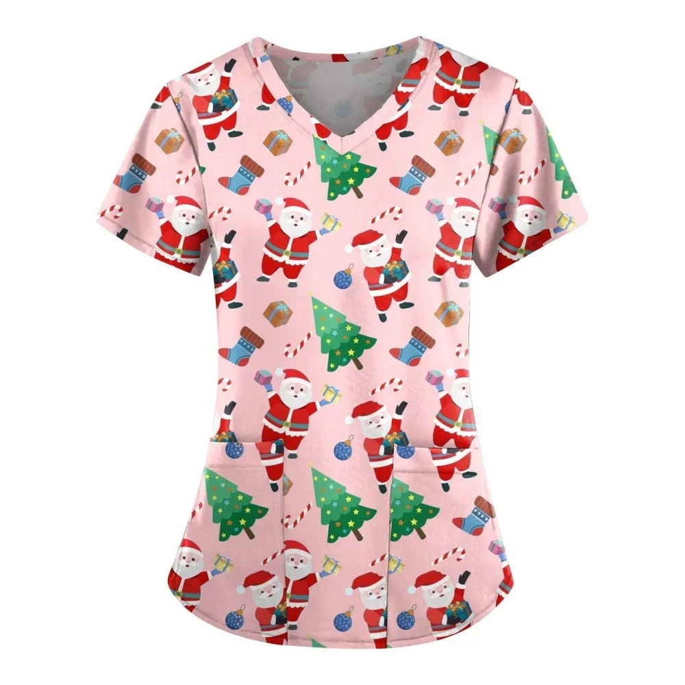 

Christmas Scrubs Medical Uniforms Woman Fashion Snowman Print Summer Casual V-Neck Short Sleeve with Pockets Surgical Uniform