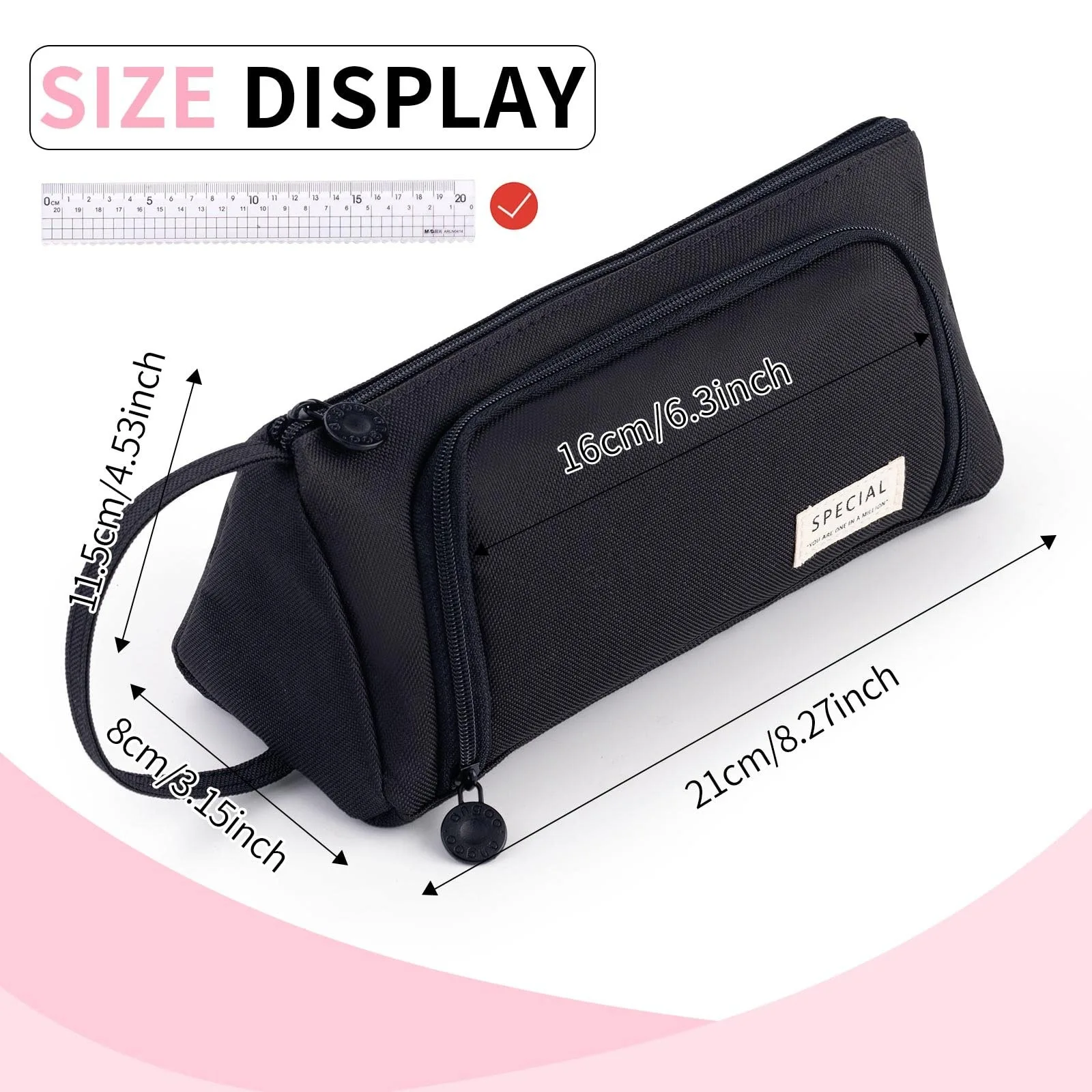 Black Triangular Oxford Cloth Pencil Case, Office Stationery Storage Bag, Study Stationery Suitable for Boys and Girls