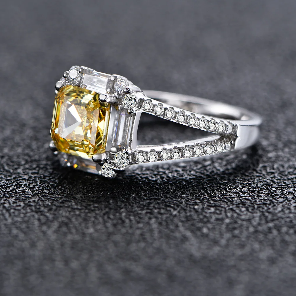 Zhenchengda Square Chamfer Ascut 7 * 7 Yellow Diamond Ring for Women S925 Pure Silver Gemstone Ring