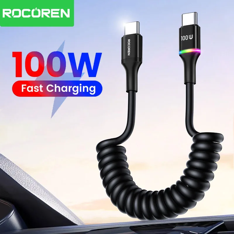 Rocoren PD 100W USB C to Type C Spring Cable Flexible Fast Charging Data Wire With LED For iPhone 16 15 pro Max MacBook  Xiaomi