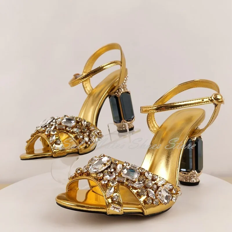 Nuovo arrivo strass dorati sandali con tacco alto grosso estate elegante fibbia alla caviglia décolleté con cinturino a T scarpe eleganti da donna per feste