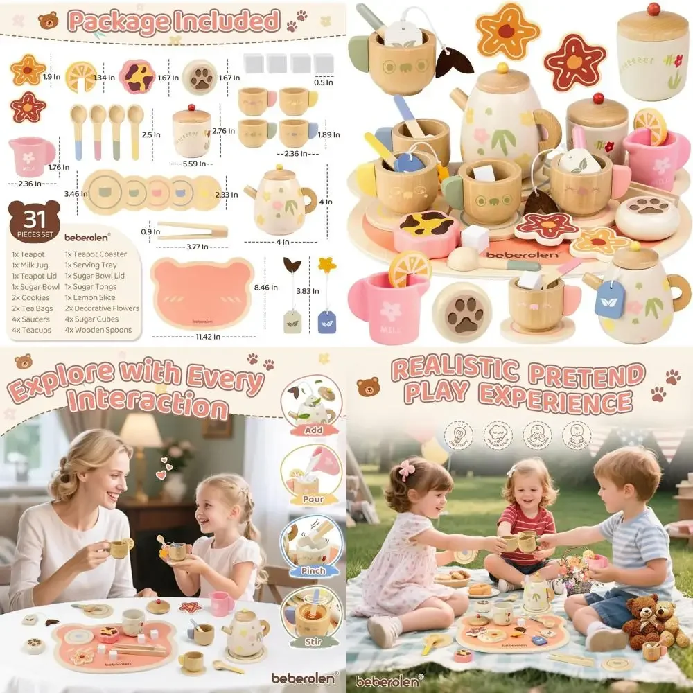 

Tea Party Set for Toddlers 3-5 Girls Boy Birthday Gift Pretend Play Food Wooden Picnic Outdoor Toys Kids Age 2 3 4 5 6 Education