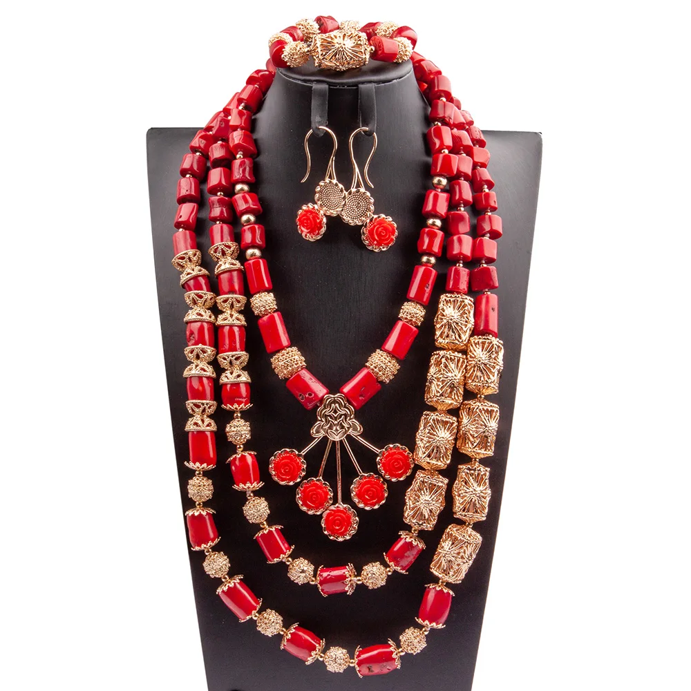 New Flower Pendant Necklace Big Real Coral Bead Traditional Nigerian Wedding African Coral Beads Jewelry Set Women Party ABG171