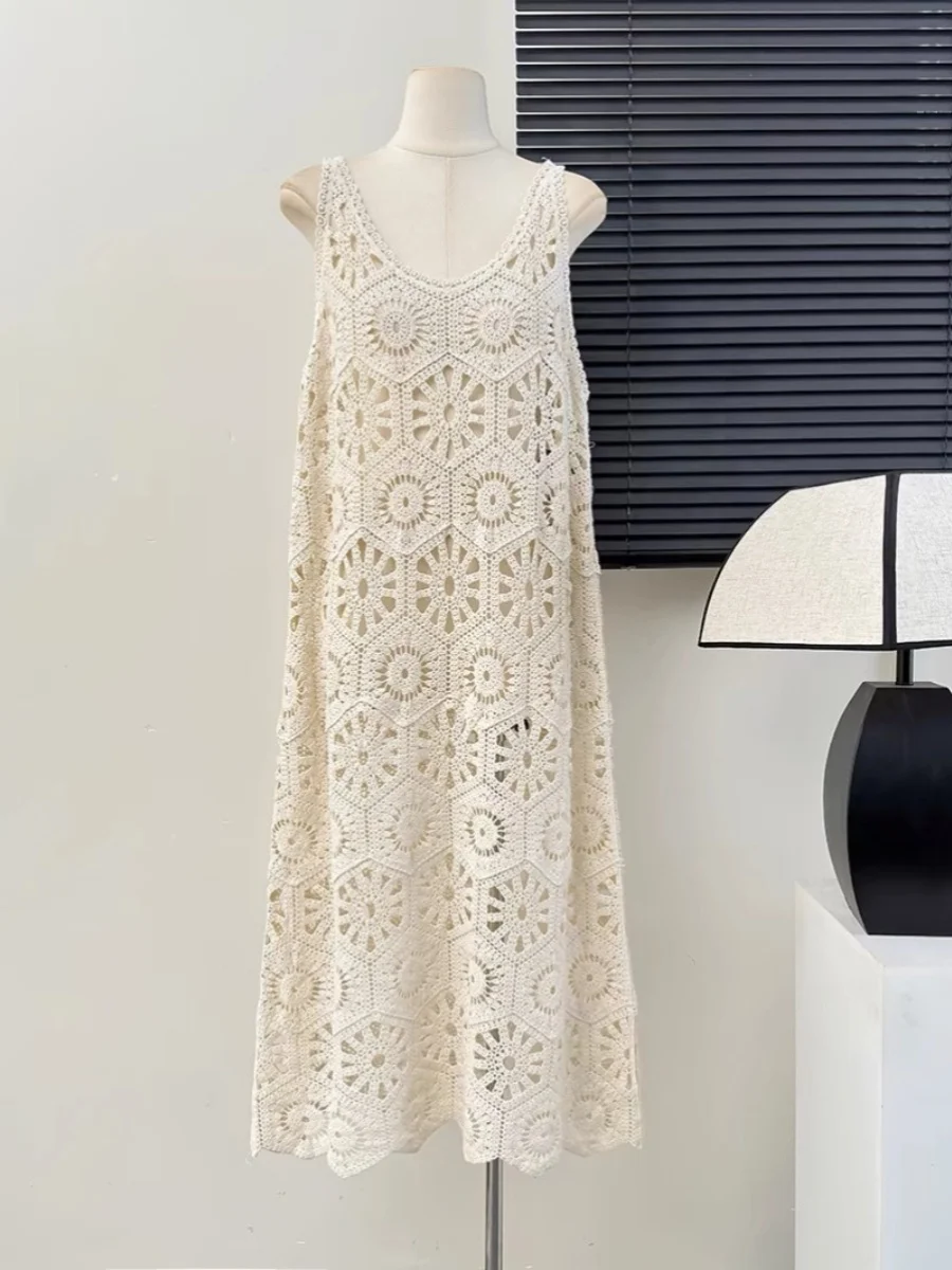 Vestido Vintage de Verão para Mulheres, Camadas em Estilo Floresta, Saia Longa em Tricô Oco, Sem Mangas, Vestido F de ...