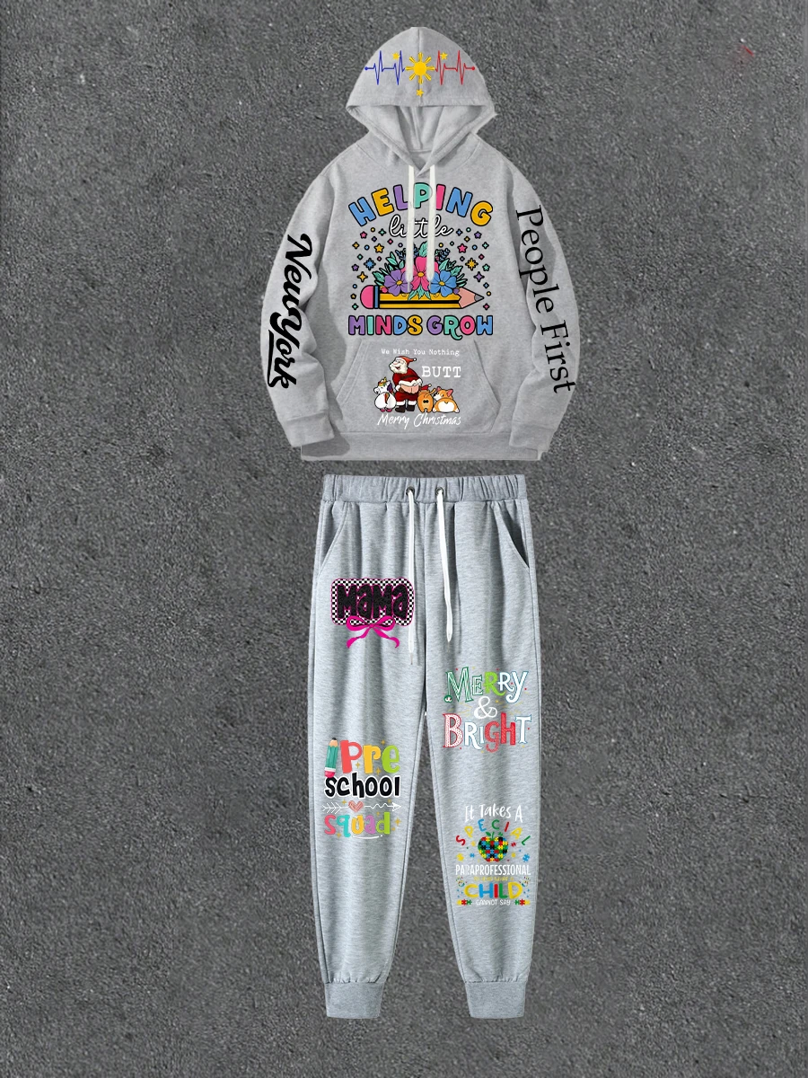 

Серая толстовка с двусторонним принтом в сочетании с повседневными брюками с принтом Свободная толстовка с капюшоном в уличном стиле с повседневными брюками