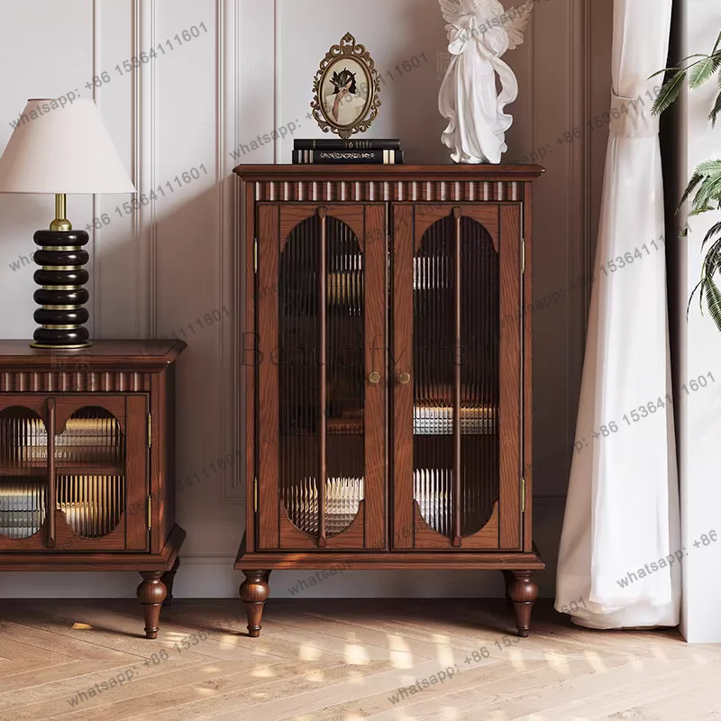 

American solid wood retro TV cabinet side display vertical cabinet French medieval style