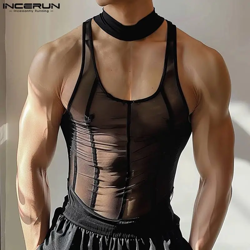 INCERUN Men Tank Tops Mesh Transparent Summer Sleeveless Sexy Male Vests Streetwear 2024 Solid Fashion Party Skinny Men Clothing