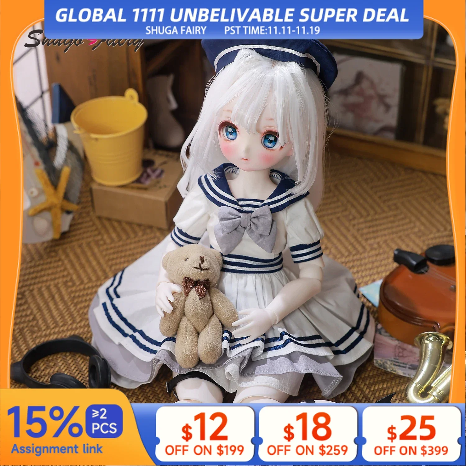 

ShugaFairy Makoto C 1/4 BJD Navy Officer - Elf Pointed Ears Sailor Uniform & Anime Face Full Poseable Set | Elite Collection