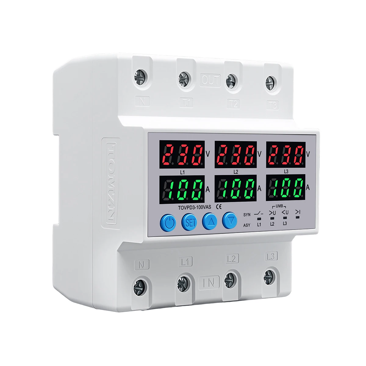 Din Rail TOMZN 3P+N Adjustable Over Under Voltage Current Limit Protection Relay Protector SYN ASYNC Synchronous Asynchronous