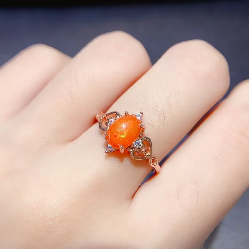 6X8MM Natural Oval Opal Ring 925 Sterling Silver Orange Fire Opal Engagement Ring for Women