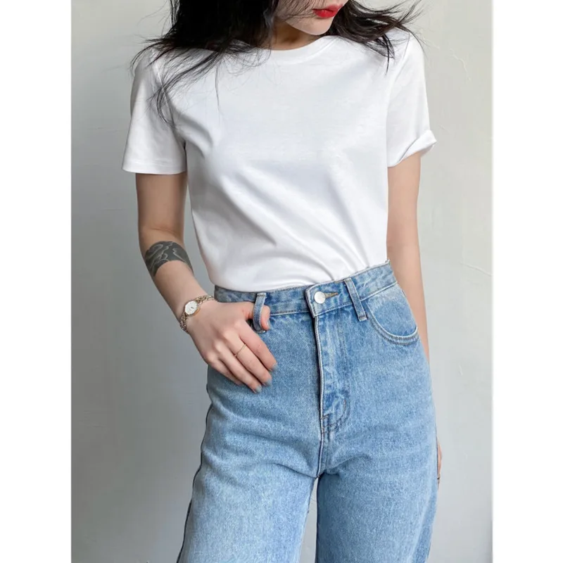 2022 Soft Mulberry Silk Cotton T-shirts Womens Loose Round Neck Short Sleeve Woman T-shirts Solid Color Summer Tops High Quality