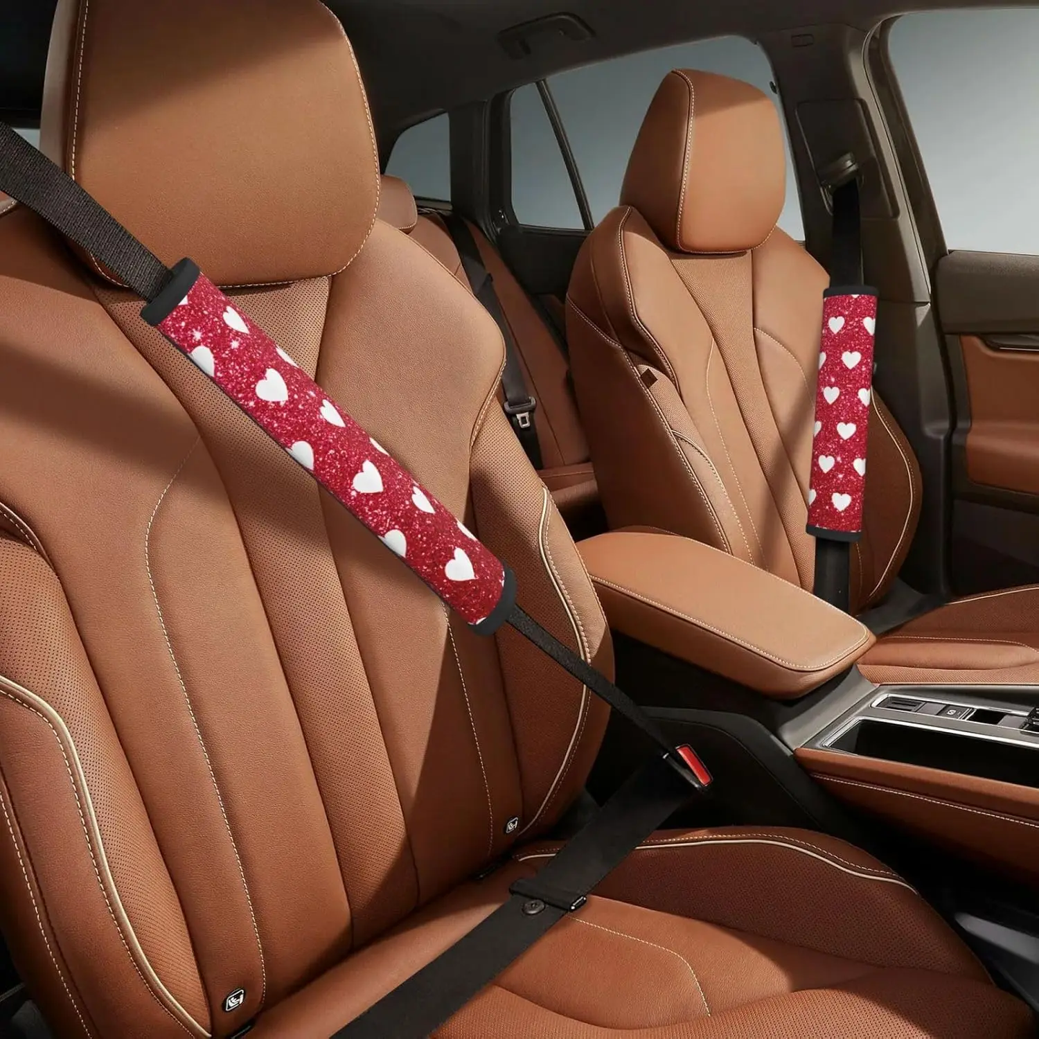 Cute Red Glitter White Heart Pattern Valentine'S 2-Pack Universal Car Seat Belt Pads Cover For A More Comfortable Driving
