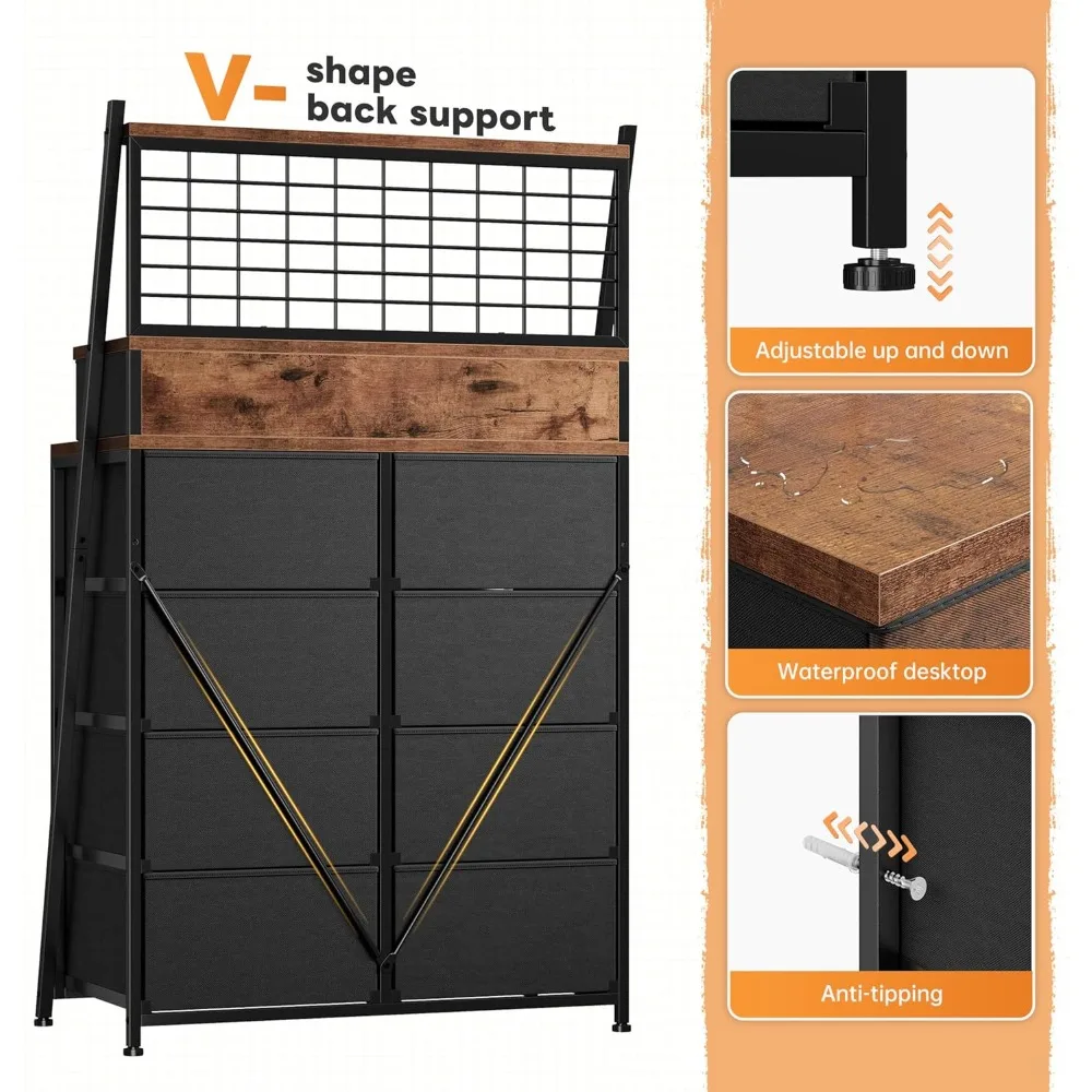 Cômoda de 51 polegadas com iluminação LED com 11 gavetas, painéis de grade de arame e prateleiras abertas para quarto, entrada, dormitório e estilo rústico