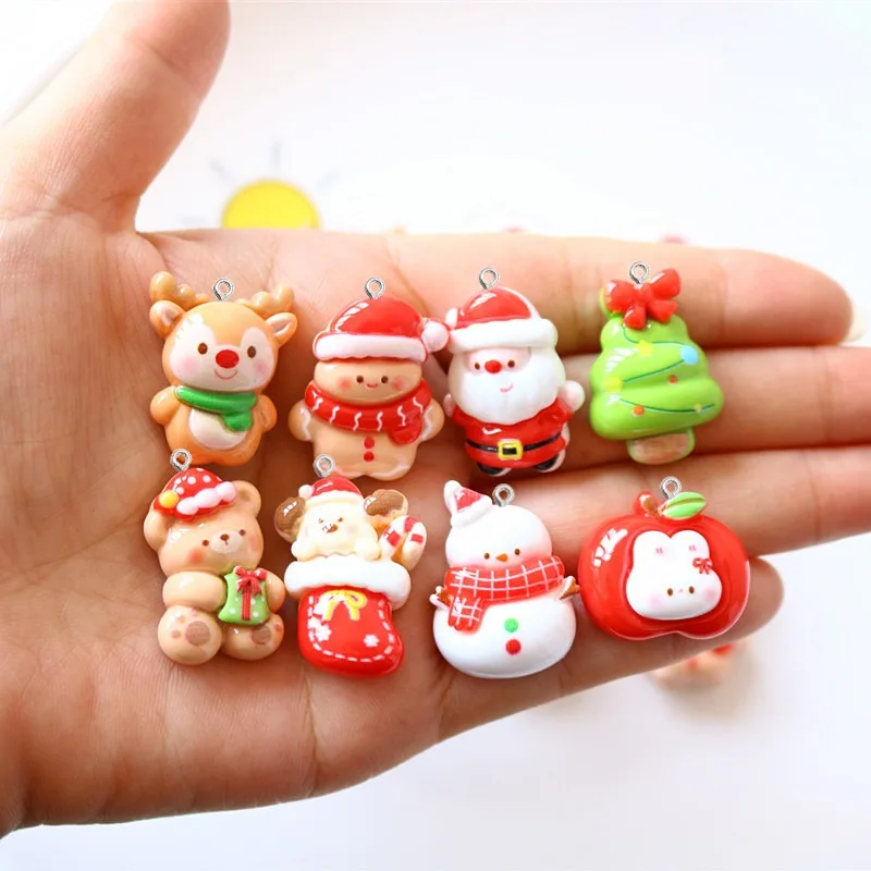 10Pcs Cute Christmas Planar Resin Pendants Santa Bear Snowman Charms for DIY Keychain Earrings Jewelry Making Crafts Accessories