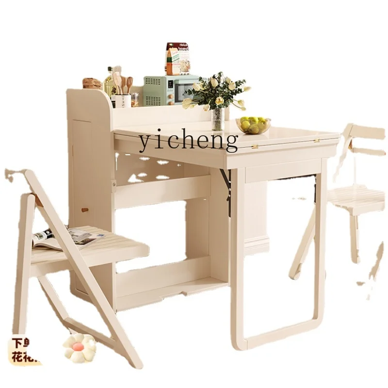 

Zf Cream Style Folding Dining Table Household Retractable Dining Table and Chair Combination Storage against the Wall