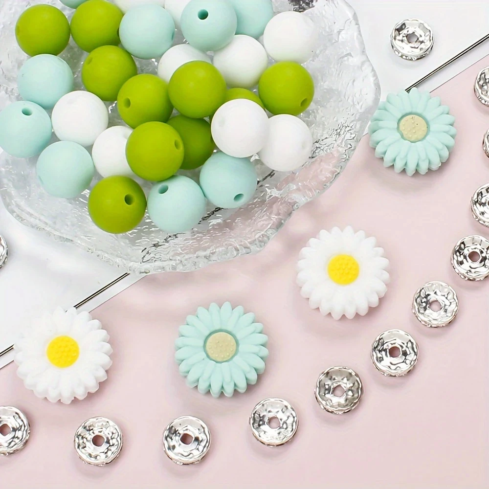 25/54-teiliges Gänseblümchen-Silikonperlen-Set, perfekt für DIY-Handarbeiten wie Schlüsselanhänger, Halsketten, Armbänder usw. – Detail 3
