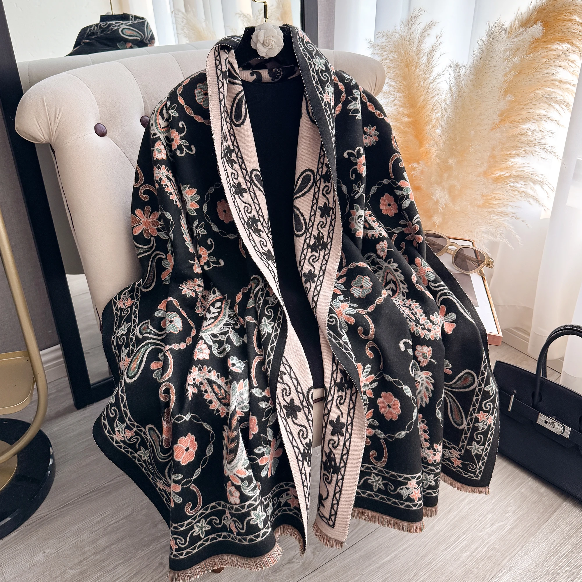 

Женская шаль из искусственного кашемира, жаккардовый шарф, теплое одеяло для ухода за шеей, стильный модный аксессуар на осень-зиму