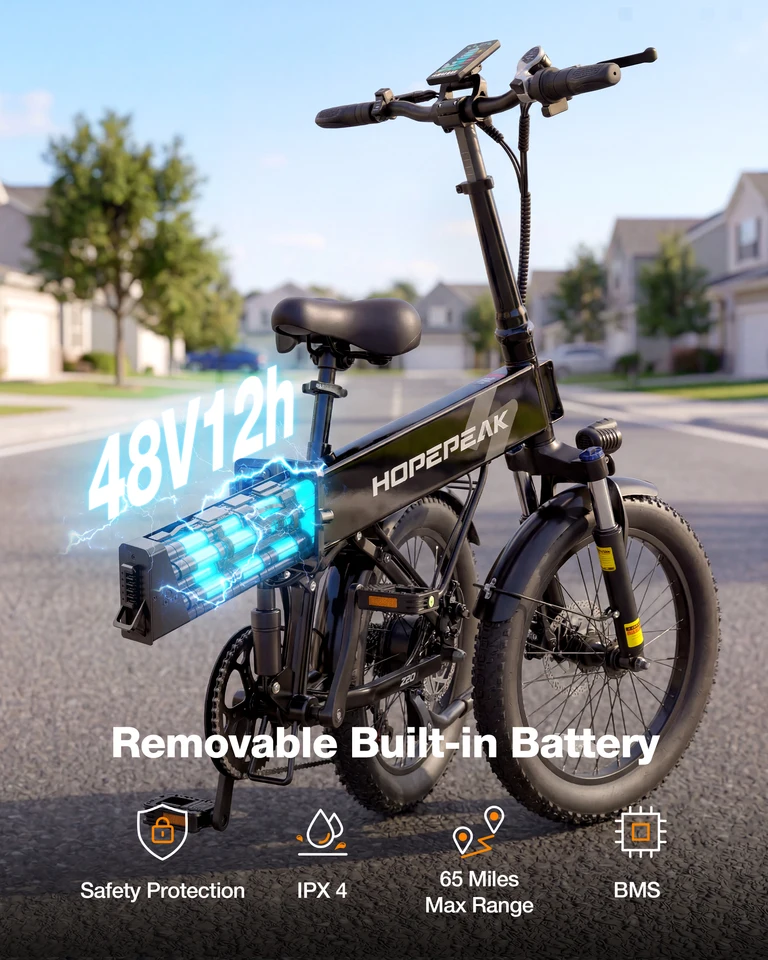 Hopepeak Z20 Folding Electric Bike for Adults, 1200W Peak Motor 48V 12Ah Battery, 20"×3" Fat Tire Commuter Ebike, 28MPH 65Mi,  7 Speed Foldable Electric Bicycle with Full Suspension image 7