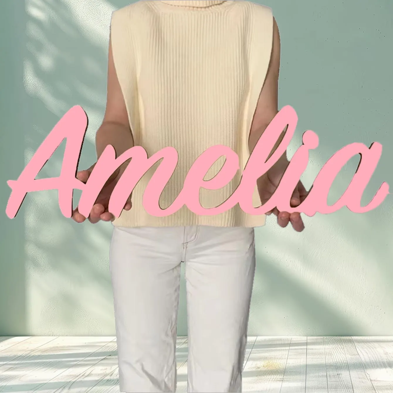 1 pieza de cartel de madera con texto de Amelia de dibujos animados coloridos, cartel con nombre personalizado cortado con láser, placa de madera hecha a mano con elegante letra cursiva