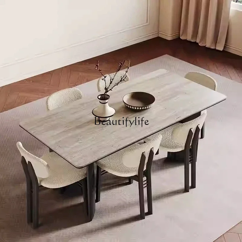 

yj9 Solid Wood Dining Table Rectangular French Retro Style Italian Matte Travertine Stone Dining Table