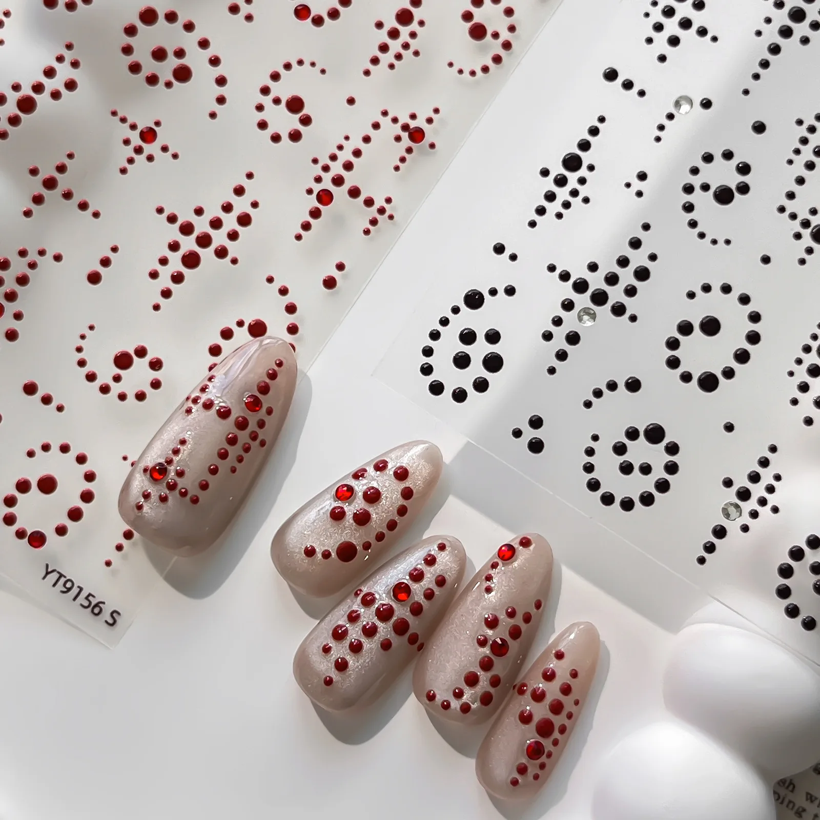 Punk Polka Dot Nail Stickers Black White Red Spot Spiral Rhinestone Vintage Embossed DIY Self Adhesive Nail Art Stickers Decals