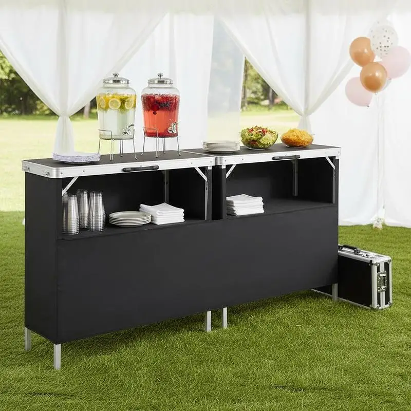 

Collapsible Mobile Counter 77.95" x 15.16" x 34.65" For Tradeshow Party Exhibition, Removable Storage Shelf Hidden Organization Black Fabric Skirt Carrying Bag Included
