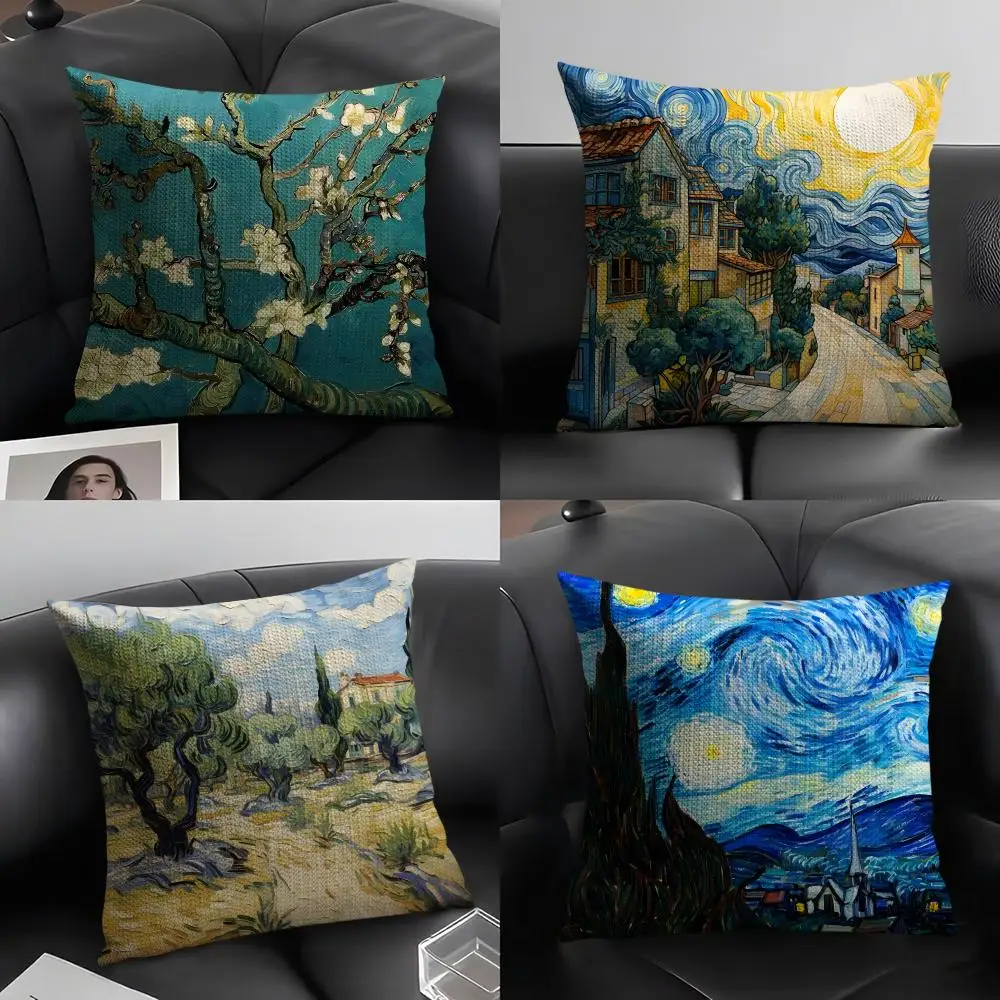 Van Gogh Ölgemälde Kissenbezug aus Natürlichem Leinen, Organischer Stoff, Beidseitiger Druck, Sofa-Heimdekoration, Geschenk-Kissenhülle