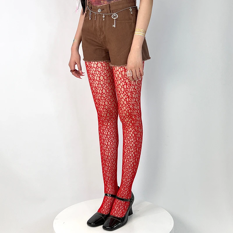 Y2k موضة القوطية زهرة الجوف خارج مثير جوارب طويلة النساء شبكة صيد السمك النبيذ الأحمر Ins الساخن الفتيات JK الجوارب عالية مطاطا محب طماق