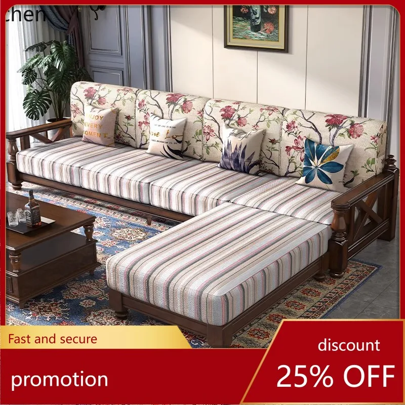 ZML Solid Wood Fabric Sofa Small Apartment Living Room Three-Seater Sofa