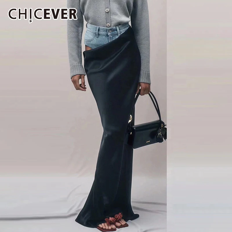 

CHICEVER Patchwork Denim Streetwear Skirts For Women High Waist Asymmertrical Mermaid Sexy long skirt Female Summer Clothing New