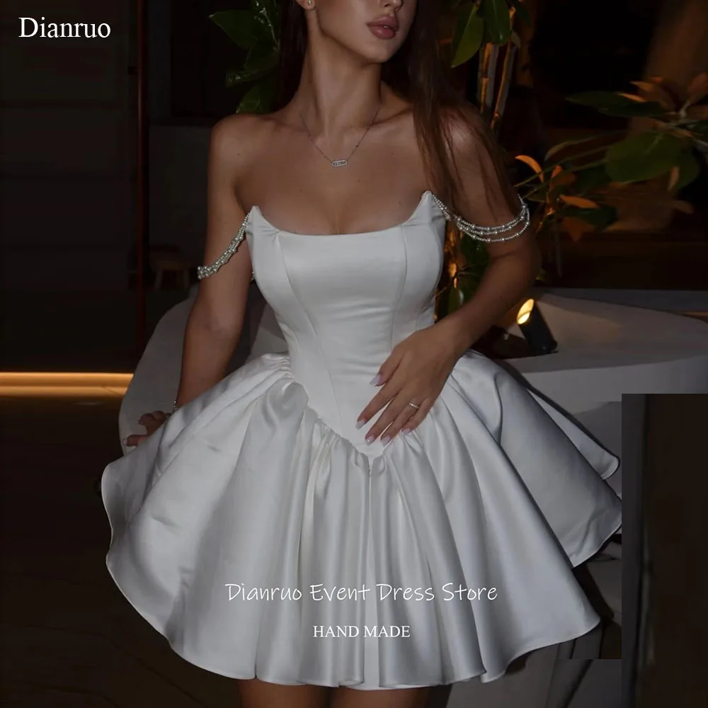 

Dianruo Puffy Pearl Straps Satin Prom Dresses Luxury A Line Cocktail Dress Pleated Hem Strapless Homecoming Dresses Customized