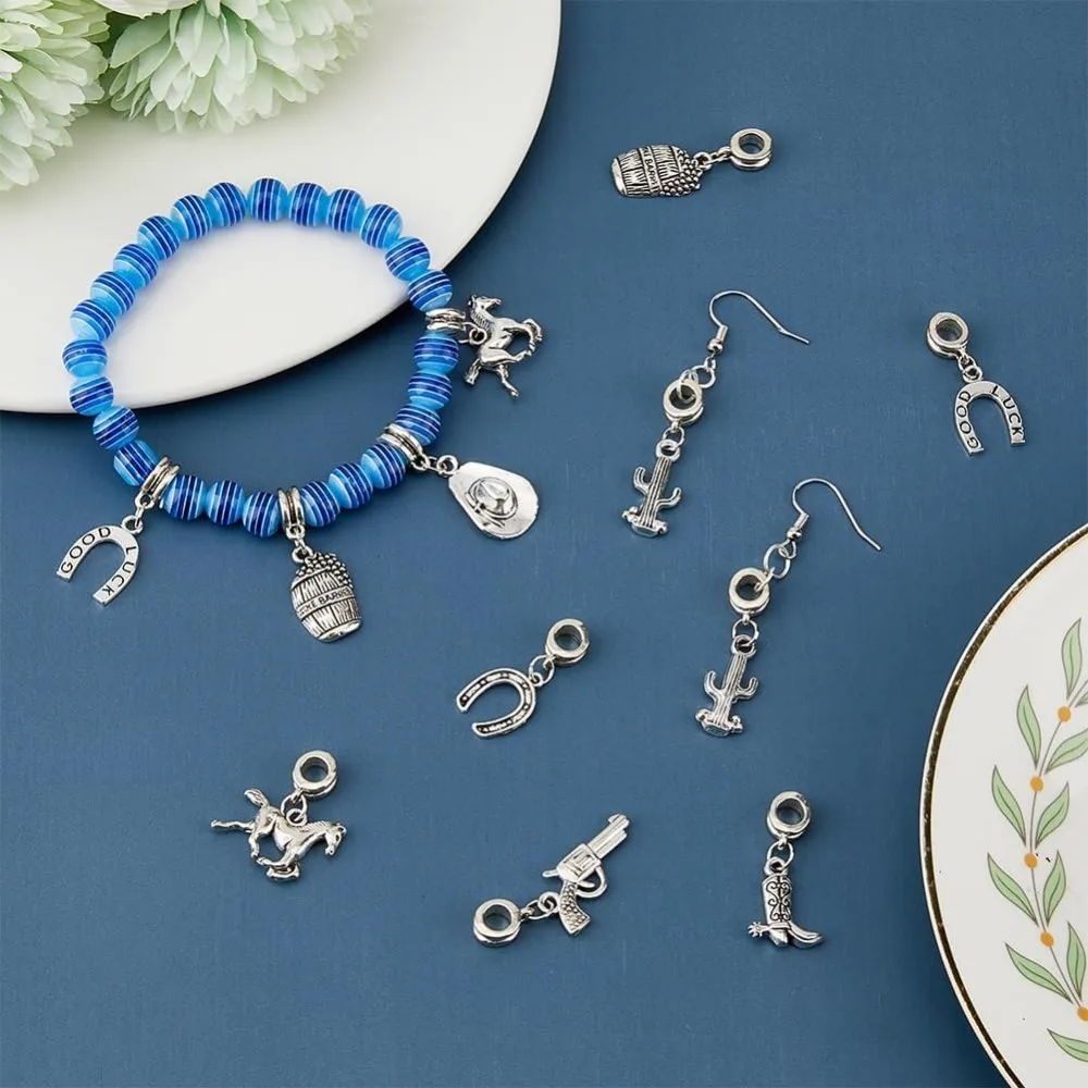 64Pcs 8 Styles Cowboy Theme Charms Horseshoes Horse Cactus Style Alloy Pendants Charms with Large Hole Antique Silve