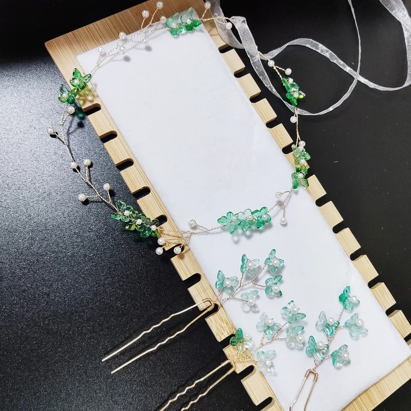 Spring Bohemian Girls Bridal Pearl Green Butterfly Hair Headdress Flower Wreath Bride Garland Headbands wedding Jewelry Gifts