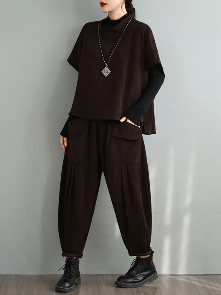 Autumn Oversized 2 Two Piece Set Women Fashion Irregular Ladies Cropped Blouses Loose Pleated Elastic Waist Woman Harem Pants