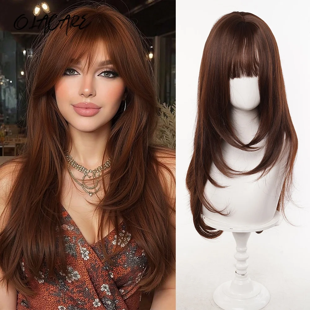 OLACARE Popular Brown Ash Long Straight Layered Wig Lolita Wigs With Bangs Synthetic Wig For Women Fashion Thick Curls Wigs Girl