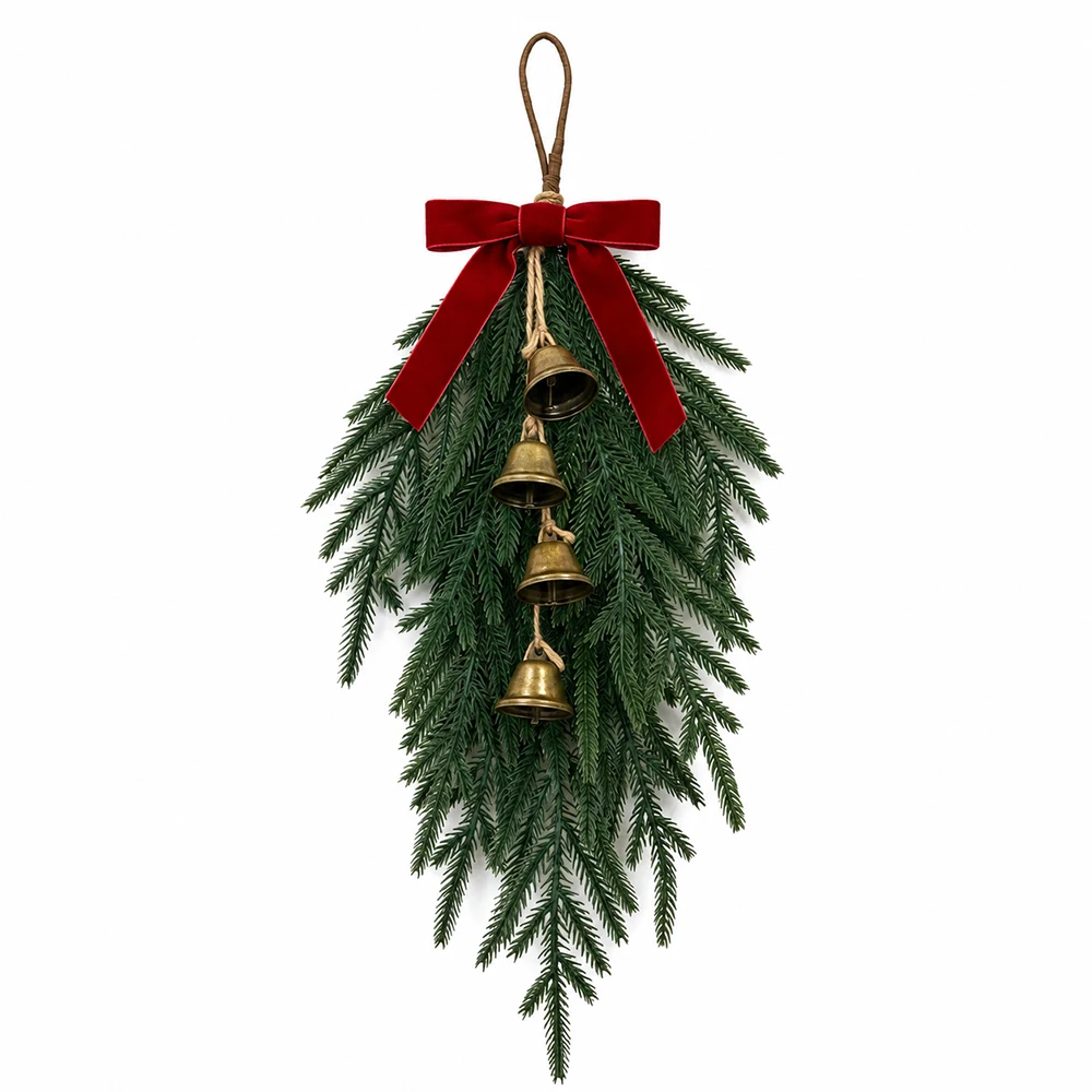 20 Zoll künstliche Weihnachts-Hängedekoration mit roter Samtschleife und Glöckchen, künstliche Kieferngrün für Weihnachtstür, Heimdekoration, Feiertagsdekoration, Navidad-Dekor – Detail 7