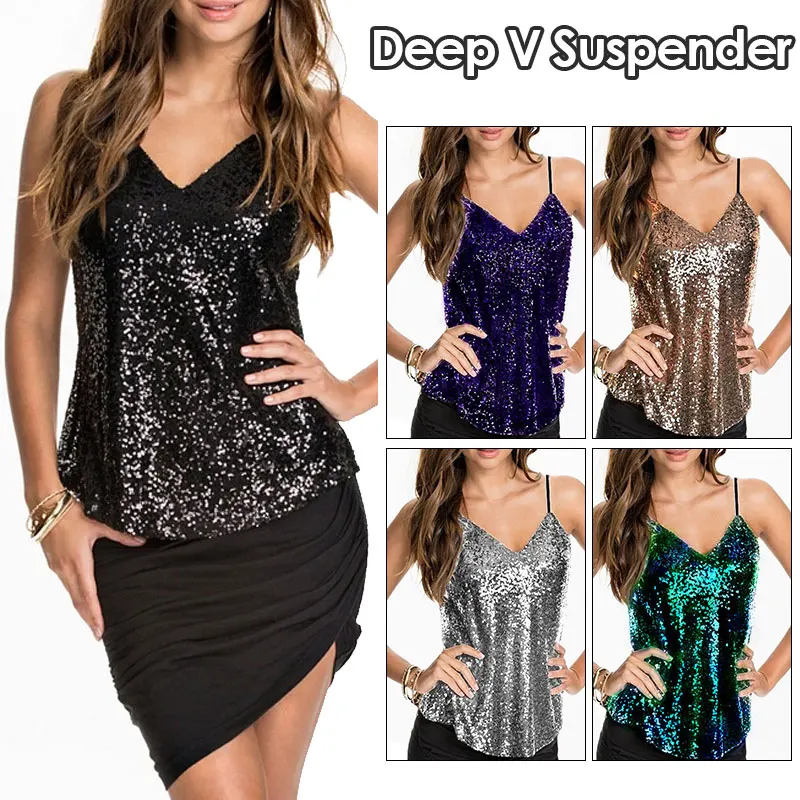 

Shining Womens Fashion Shine Glitter Sequin Tank Tops Embellished Sleeveless Vest Style Clothing for Cocktail Party Clubwear