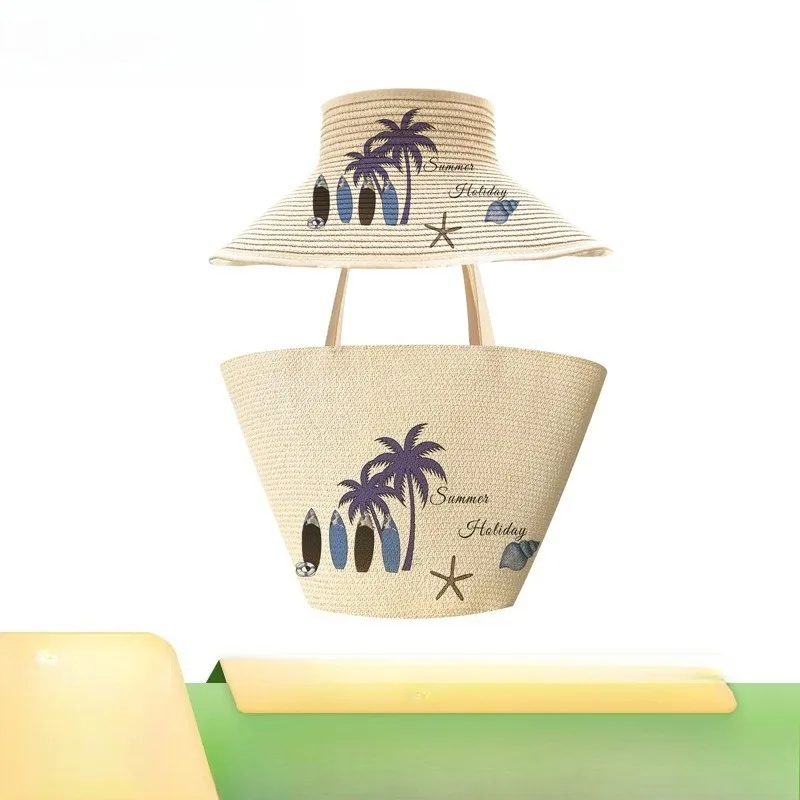 

2pcs/set Beach Coconut Tree Ladies' Single-shoulder Bag, Large-capacity Tote Bag, Outdoor Sun Protection Hat and Bag Set