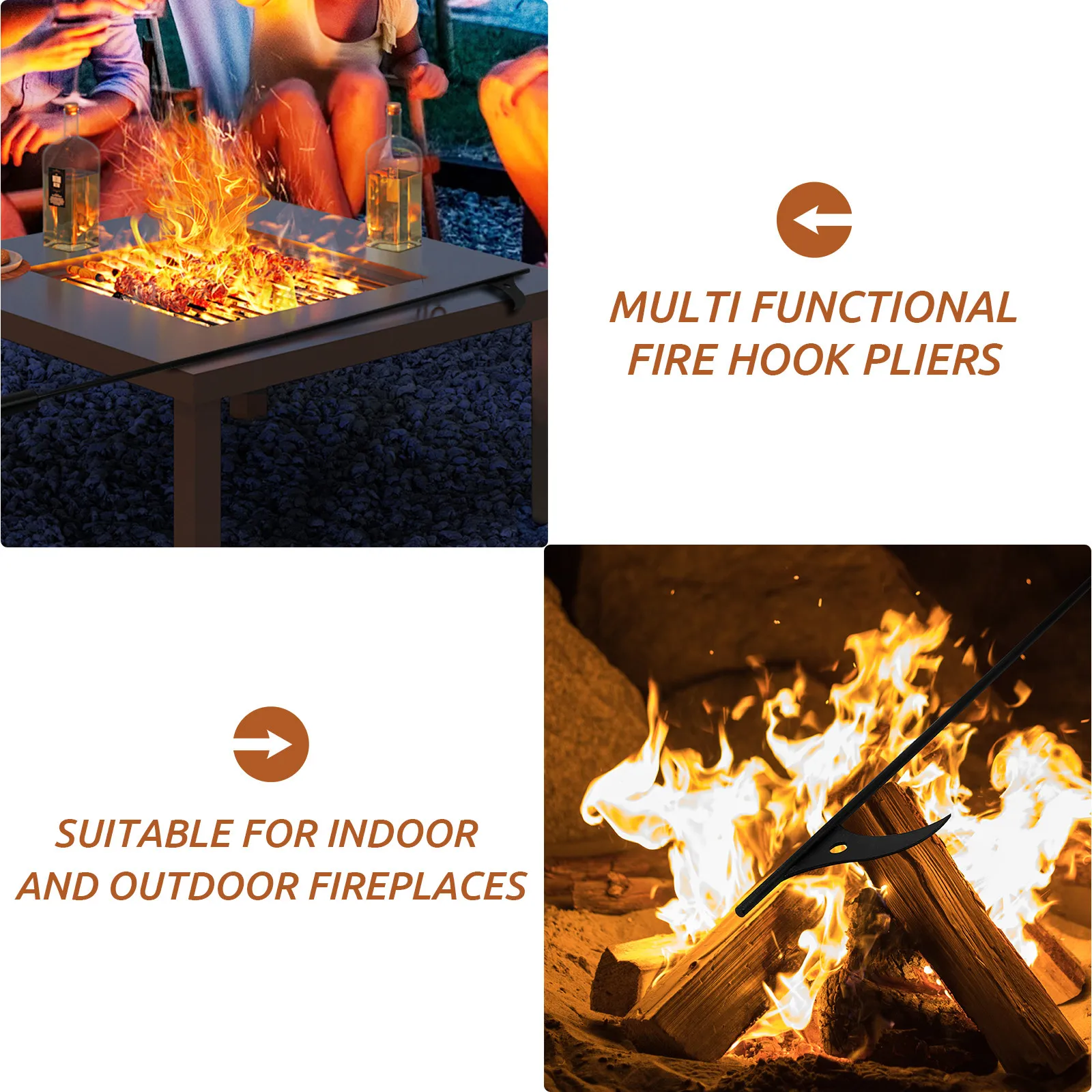 Outdoor Indoor Steel Fireplace Poker Sturdy Fire Pit Tool Multi Function Fire Tongs for Bbq Camping Fireplace Poker