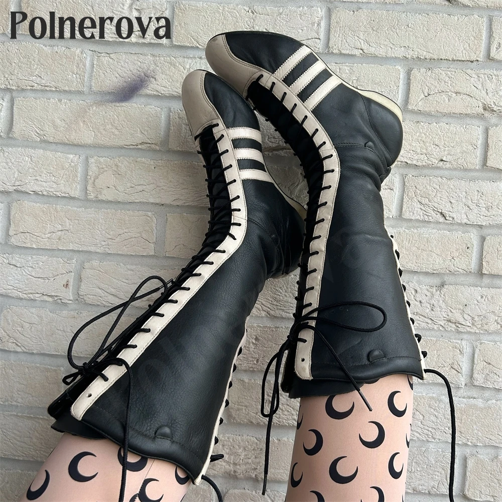 Vintage Style Sporty Knee-High Boots Designer Lace-Up Handmade Boots Soft and Comfortable Leather Flat Handmade Boots for Women