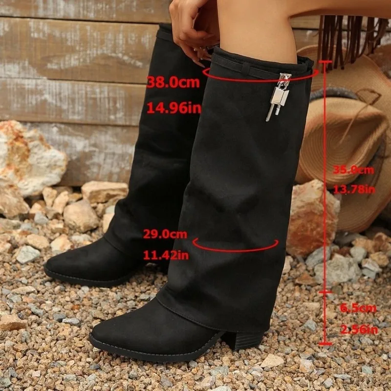 Wrinkled High-heeled Fashion Boots Women 2026 Winter New , Thick Heel Plus Size, British Style High Leg Pants Boots for Women