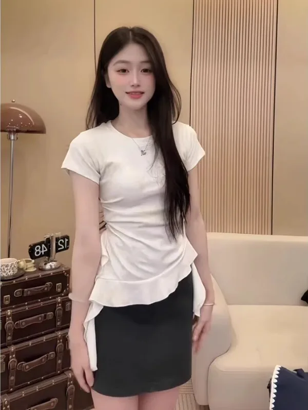 สลิมมิ่ง ort Sve เสื้อยืดสําหรับผู้หญิงขนาดบวก Ele Ruffle Hem เข็มขัดที่ไม่ซ้ํากันฤดูร้อนเกาหลี Sle เดินทาง Faion