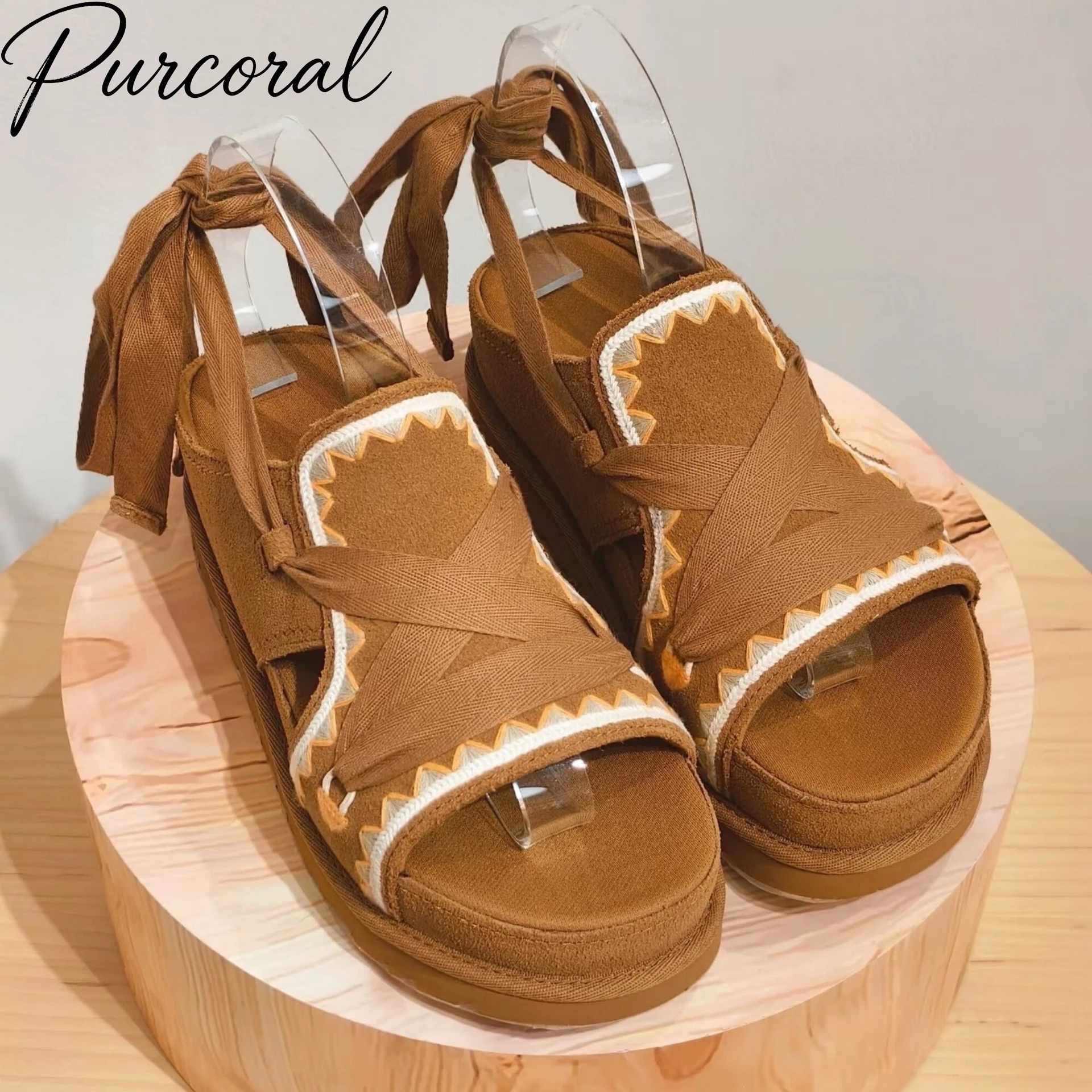 Purcoral 2026 New Women Platform Sandals Cross Strap Ankle Lace Up Bow Wedge Slides Retro Suede Open Toe Summer Beach Shoes