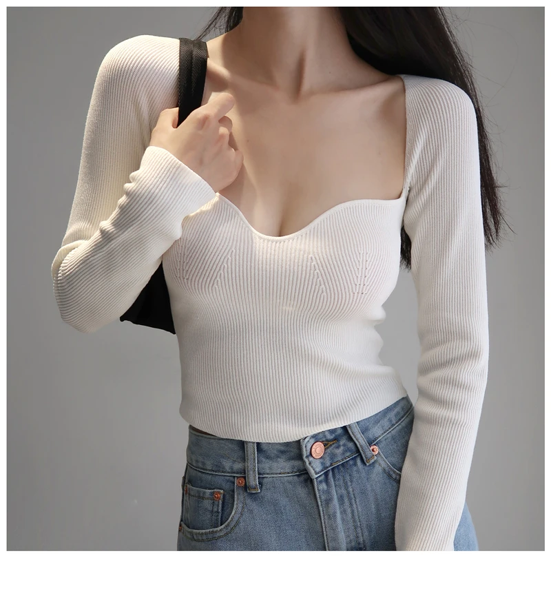 Sexy Pullovers Y2k Tops Fashion Women Clothing Long Sleeve Square Collar Tunic Black Jumper Split Casual Knitted Cropped Sweater