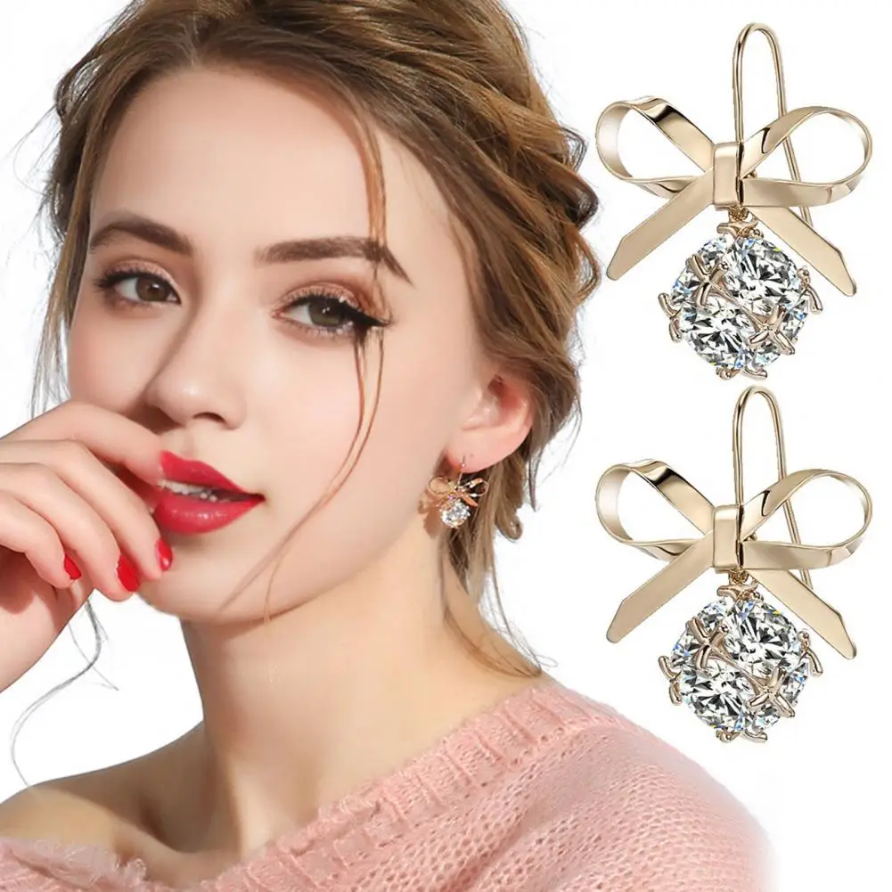 

1 Pair Women Bow Earrings Cubic Zirconia Hoop Earrings Alloy Drop Earrings Wedding Cocktail Party Ear Jewelry